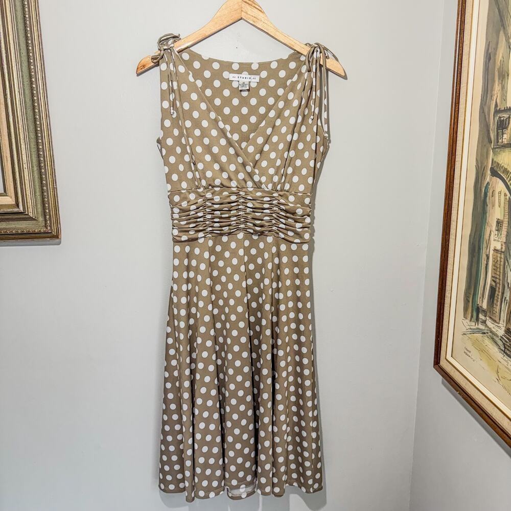 Studio M Tan Taupe White Polka Dot Ruched Empire Waist Midi Dress 10